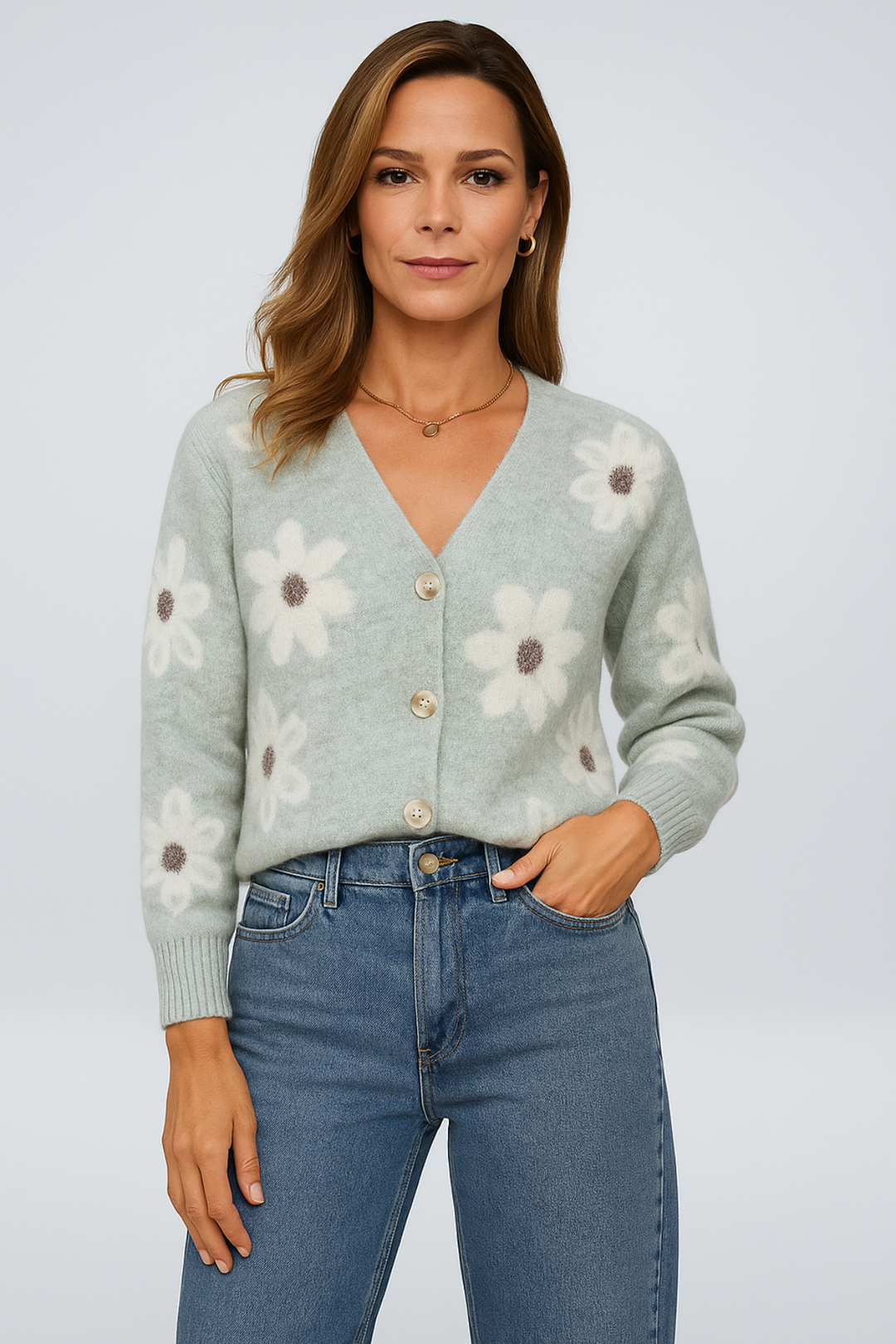 Women’s Floral Knit Cardigan – Loose Fit with Button Front