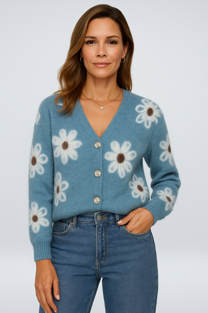 Women’s Floral Knit Cardigan – Loose Fit with Button Front