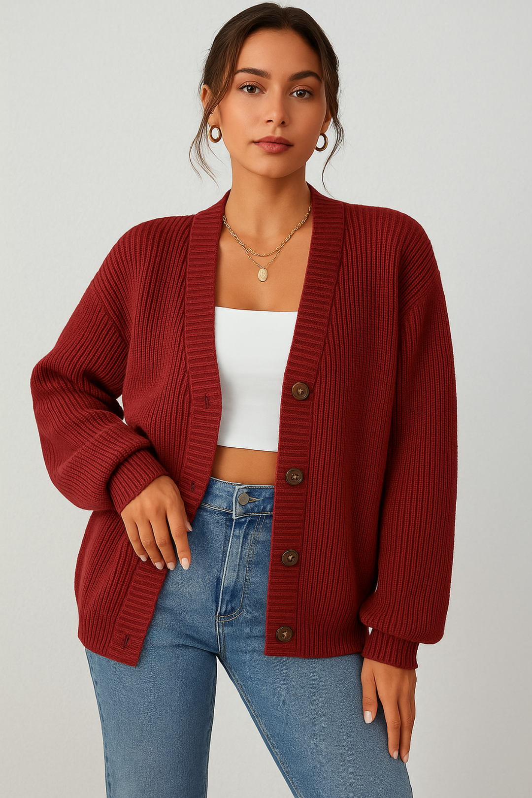 Women’s Knit Cardigan – Loose Fit with Buttons – Everyday Layer