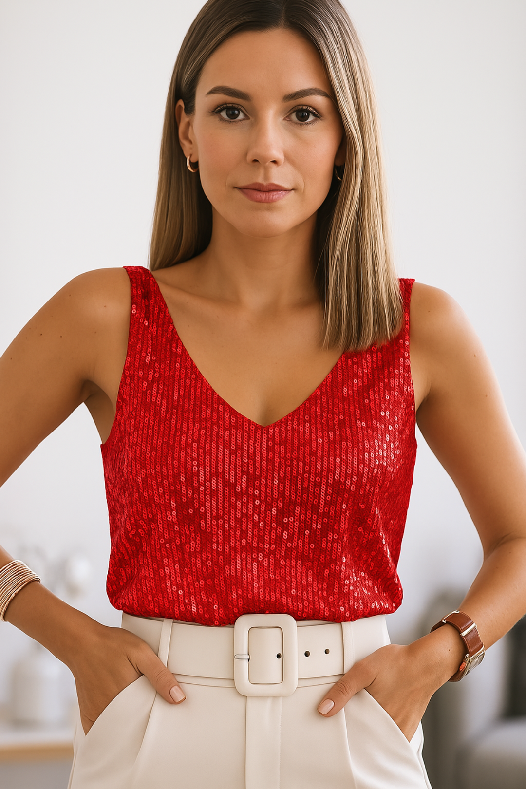 Women’s Sleeveless Party Top – Shiny Finish & Elegant Fit