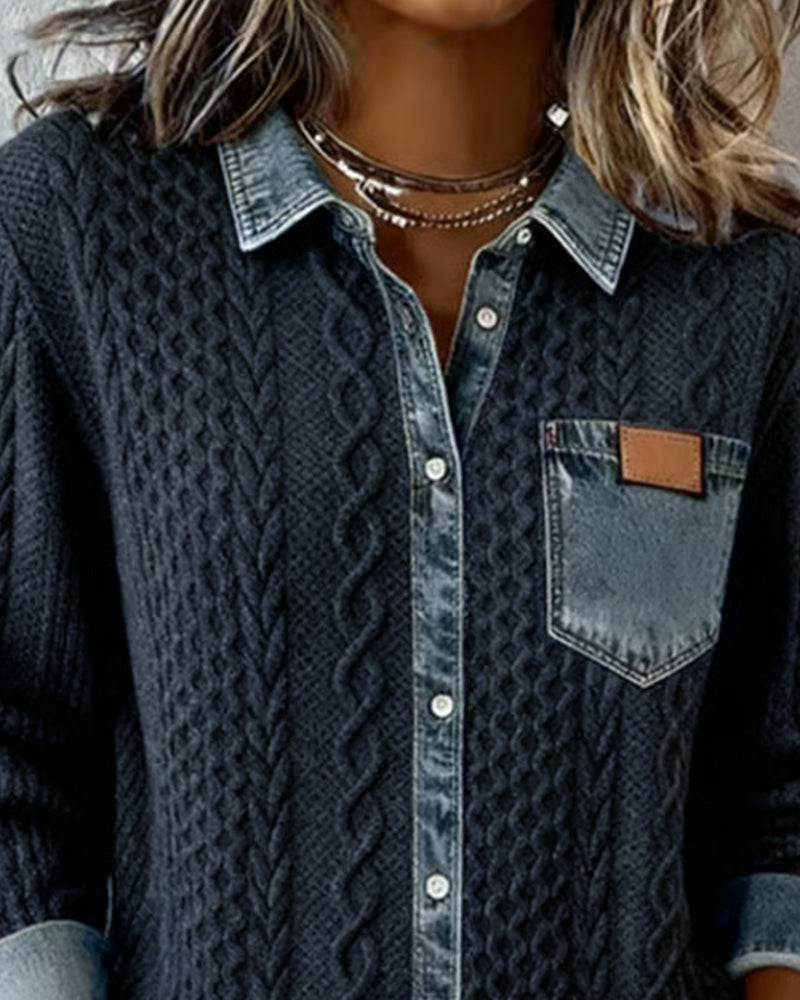 Harper - Chic Knitted Shirt with Denim Details