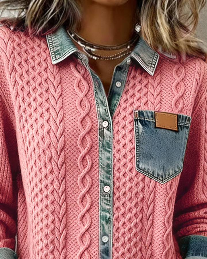 Harper - Chic Knitted Shirt with Denim Details