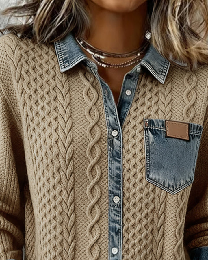 Harper - Chic Knitted Shirt with Denim Details