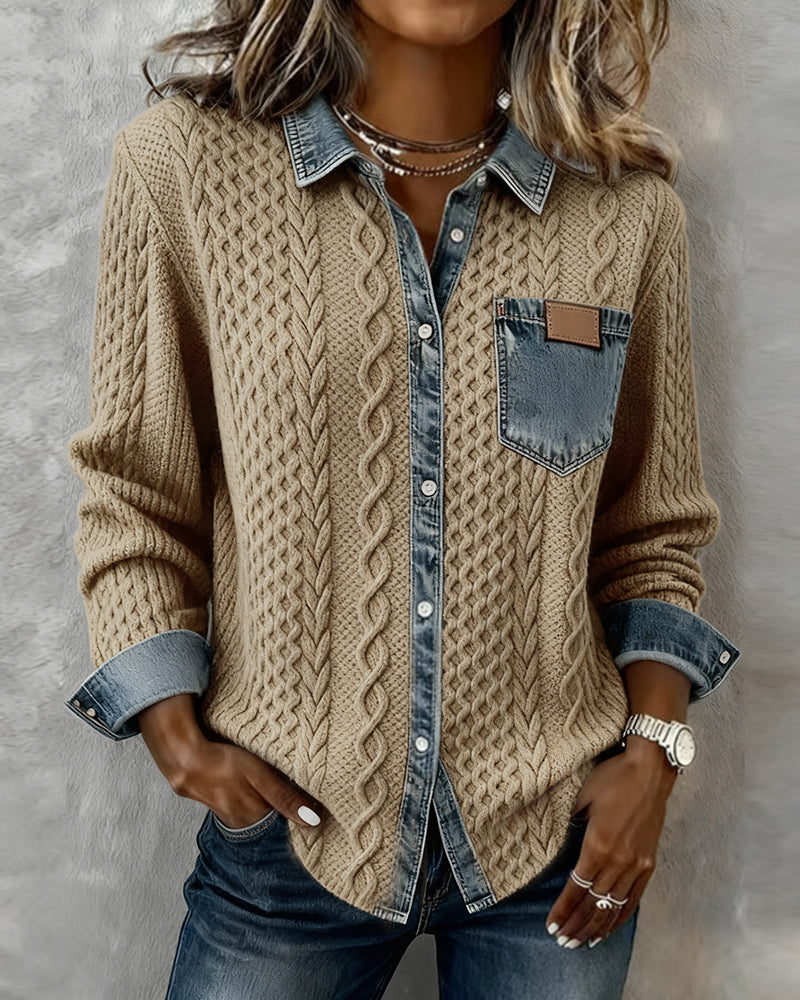 Harper - Chic Knitted Shirt with Denim Details
