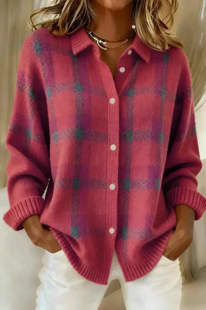 Denise | Cozy Pink Plaid Knit Cardigan
